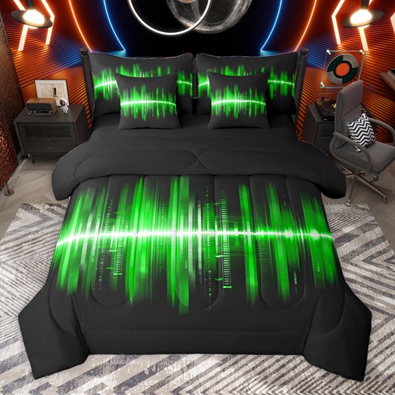 Homewish Geometric Striped 7pcs Bedding Comforter Set,Abstract Geometric Lines Queen Bedding Sets,Green Black Queen Sheet Sets For Children,Breathable Home Decor Reversible