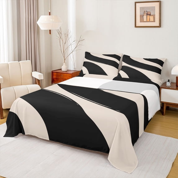 Homewish Geometric Striped Bed Sheets,Modern Abstract Artistic King Sheets,Black Brown Sheet Set For Girls Kids,Luxury Bedroom Decor,4-Piece