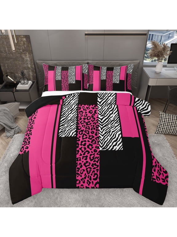 Geometric Striped Bedding Comforter Set,Leopard Print Zebra Lines Twin Comforter Sets,Pink White Black Bedding Set For Girls Kids,Luxury Bedroom Decor Reversible,2pcs