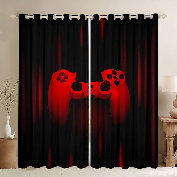 Homewish Geometric Striped Curtains Pack of 2 (42x84 Each),Red Game Console Curtains Blackout,Gamer Gaming Bedroom Curtains For Boys,Breathable Bedroom Decorative