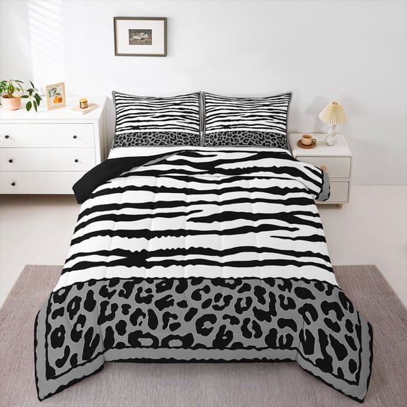 Homewish Geometric Leopard Full Comforter Set,Gray White Black,3-Piece Ultra Soft Reversible