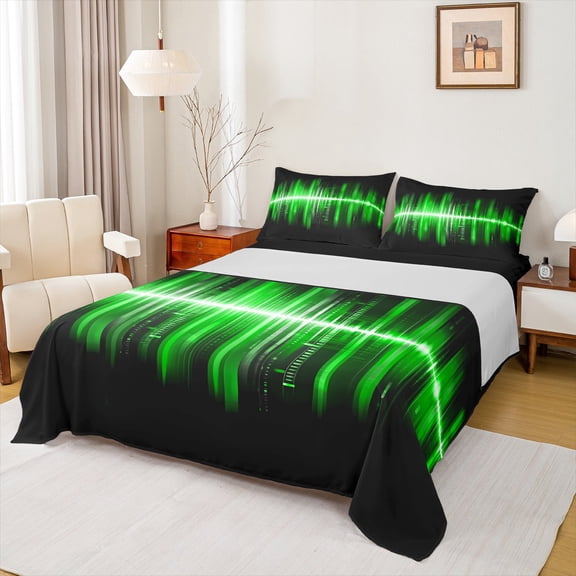 Homewish Geometric Striped Full Size Sheets,Abstract Geometric Lines Bed Sheets,Green Black Sheet Sets For Children,Breathable Home Decor,4-Piece