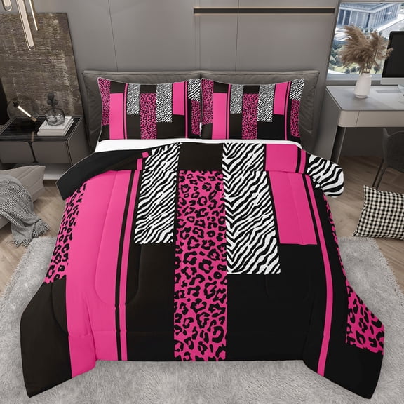 Homewish Geometric Striped Queen Comforter Set,Leopard Print Zebra Lines Bedding Sets,Pink White Black Bedding Comforter Set For Girls Kids,Luxury Bedroom Decor Reversible,3 Pieces