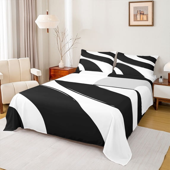 Homewish Geometric Striped Queen Sheet Sets,Modern Abstract Artistic Flat Sheet,Black White Queen Fitted Sheet For Girls Kids,Luxury Bedroom Decor,4 Pieces
