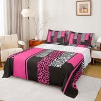 Homewish Geometric Striped Twin Sheet Sets,Leopard Print Zebra Lines Twin Fitted Sheet,Pink White Black Flat Sheet For Girls Kids,Luxury Bedroom Decor,3pcs