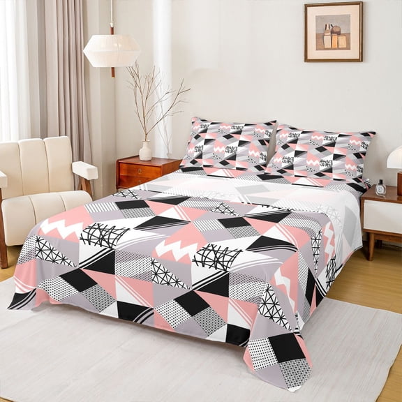 Homewish Geometric Stripes 3pcs Twin Sheet Sets for Female Men Women,Retro Minimalist Twin Fitted Sheet,Vintage Aesthetic Breathable Flat Sheet,Microfiber Bedroom Decor