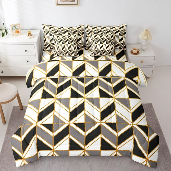 Homewish Geometric Stripes 7-Piece Twin Bedding Sets for Female Men Women,Retro Minimalist Bedding Comforter Set,Vintage Aesthetic Breathable Sheet Sets,Microfiber Bedroom Decor,Reversible