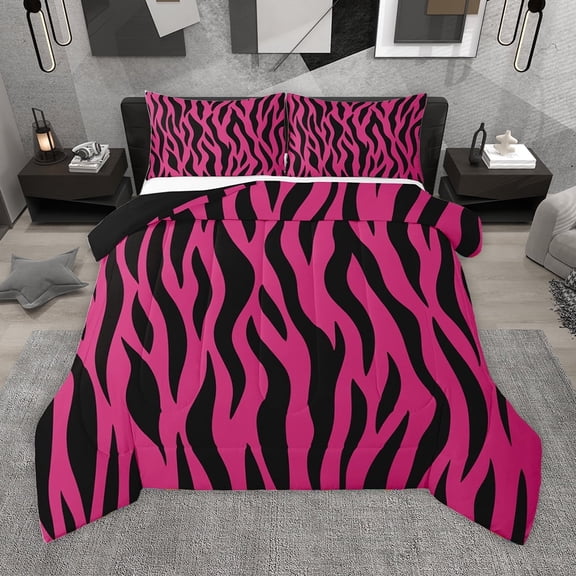 Homewish Geometric Stripes Bedding Comforter Set,Abstract Zebra Print Twin Comforter Sets,Pink Black Bedding Set For Girls Kids,Luxury Bedroom Decor Reversible,2-Piece