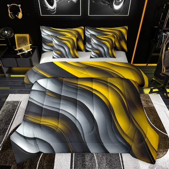 Homewish Geometric Stripes Boy Girl Bedding Comforter Set 7-Piece,Grey Yellow King Bedding Sets,Abstract Gradient Lines Ultra Soft Bed Sheets,Breathable Home Decor,Reversible