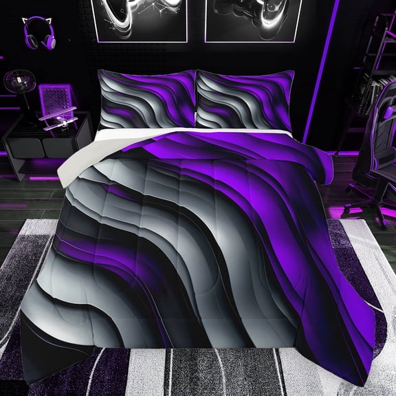 Homewish Geometric Stripes Boy Girl Full Size Comforter Sets 3-Piece,Grey Purple Bedding Comforter Set,Abstract Gradient Lines Lightweight Bedding Sets,Breathable Home Decor,Reversible