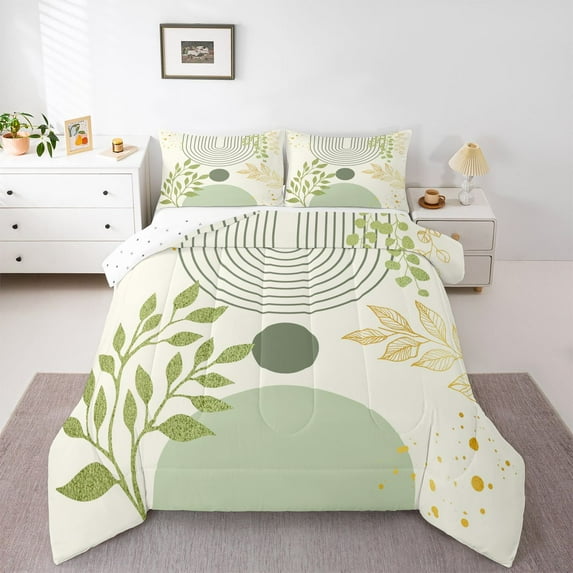 Homewish Geometric Stripes Circle 2pcs Bedding Comforter Set for Female Men Teens,Vintage Aesthetic Twin Comforter Sets,Botanical Plants Leaves Breathable Bedding Set,Breathable Home Decor