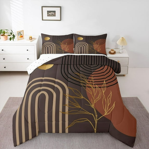 Homewish Geometric Stripes Circle 2pcs Bedding Comforter Set for Female Men Teens,Vintage Aesthetic Twin Comforter Sets,Botanical Plants Leaves Breathable Bedding Set,Breathable Home Decor