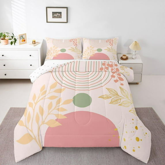 Homewish Geometric Stripes Circle 3-Piece Full Size Comforter Sets for Female Men Teens,Vintage Aesthetic Bedding Comforter Set,Botanical Plants Leaves Lightweight Bedding Sets,Breathable Home Decor