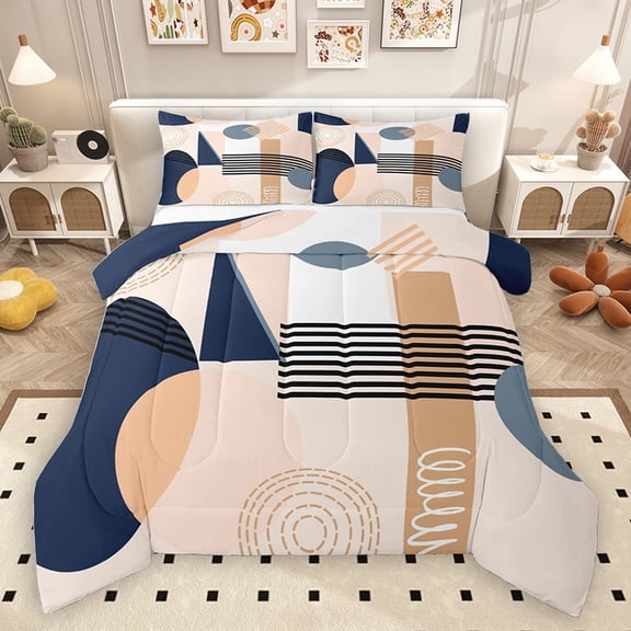 Homewish Geometric Stripes Circle 3 Pieces Queen Comforter Set for Female Men Teens,Vintage Aesthetic Ultra Soft Bedding Sets,Abstract Geometric Bedding Comforter Set,Breathable Home Decor