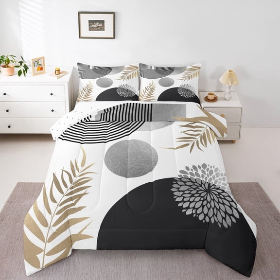 Homewish Geometric Stripes Circle 3 Pieces Queen Comforter Set for Female Men Teens,Vintage Aesthetic Ultra Soft Bedding Sets,Botanical Plants Leaves Bedding Comforter Set,Breathable Home Decor