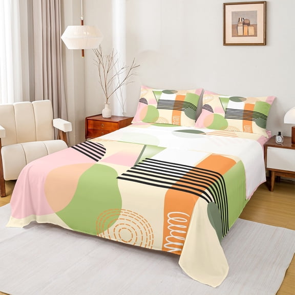Homewish Geometric Stripes Circle 3pcs Twin Sheet Sets for Female Men Teens,Vintage Aesthetic Twin Fitted Sheet,Abstract Geometric Breathable Flat Sheet,Breathable Home Decor