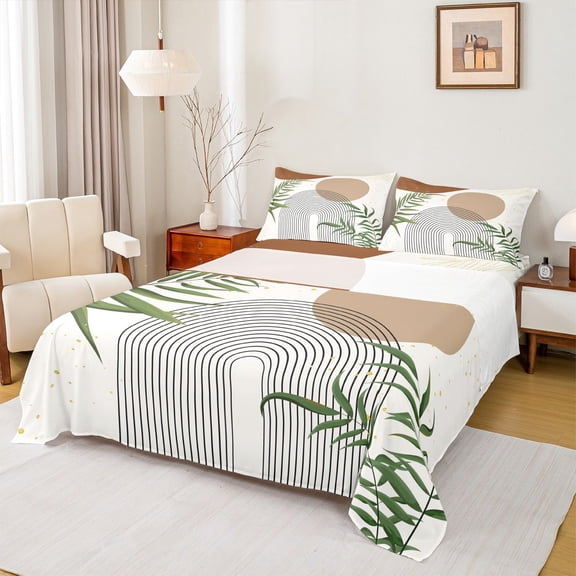 Homewish Geometric Stripes Circle 3pcs Twin Sheet Sets for Female Men Teens,Vintage Aesthetic Twin Fitted Sheet,Botanical Plants Leaves Breathable Flat Sheet,Breathable Home Decor