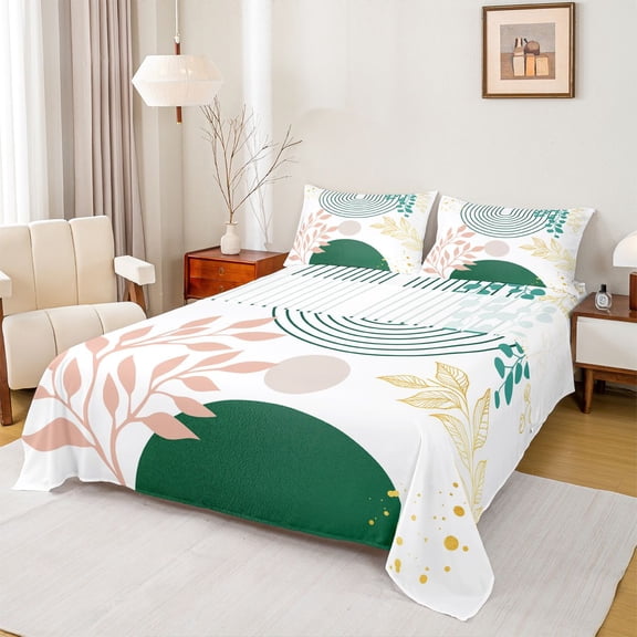 Homewish Geometric Stripes Circle 4-Piece Full Size Sheets for Female Men Teens,Vintage Aesthetic Bed Sheets,Botanical Plants Leaves Lightweight Sheet Sets,Breathable Home Decor