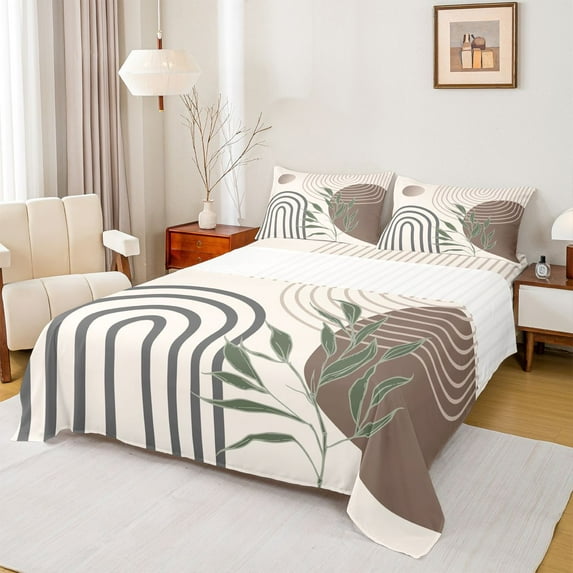 Homewish Geometric Stripes Circle 4 Pieces Queen Sheet Sets for Female Men Teens,Vintage Aesthetic Ultra Soft Flat Sheet,Botanical Plants Leaves Queen Fitted Sheet,Breathable Home Decor