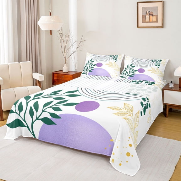 Homewish Geometric Stripes Circle 4pcs Bed Sheets for Female Men Teens,Vintage Aesthetic King Sheets,Botanical Plants Leaves Super Cozy Sheet Set,Breathable Home Decor