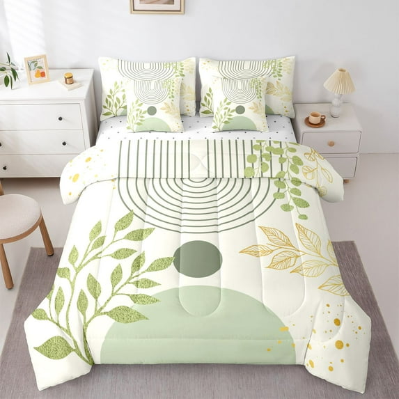 Homewish Geometric Stripes Circle 7-Piece Twin Bedding Sets for Female Men Teens,Vintage Aesthetic Bedding Comforter Set,Botanical Plants Leaves Breathable Sheet Sets,Breathable Home Decor