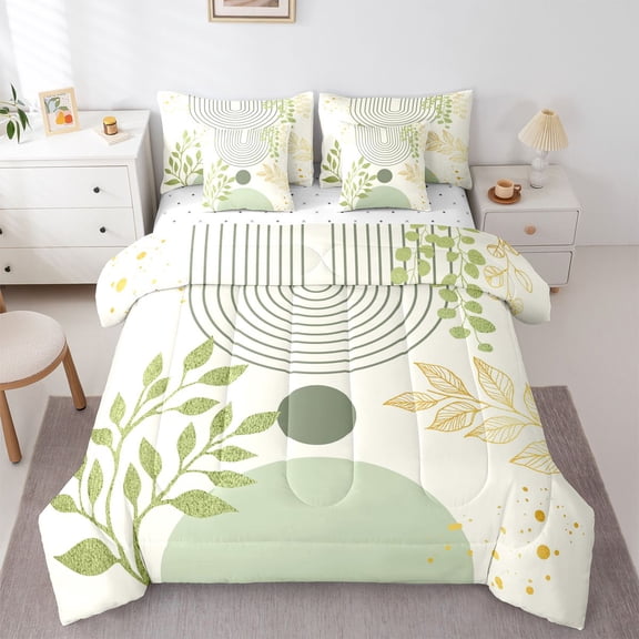 Homewish Geometric Stripes Circle 7-Piece Twin Bedding Sets for Female Men Teens,Vintage Aesthetic Bedding Comforter Set,Botanical Plants Leaves Breathable Sheet Sets,Breathable Home Decor