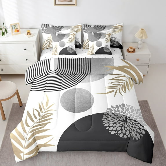 Homewish Geometric Stripes Circle 7 Pieces Bedding Comforter Set for Female Men Teens,Vintage Aesthetic Full Bedding Set Lightweight,Botanical Plants Leaves Fitted Sheet Flat Sheet