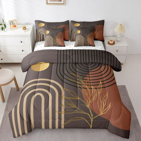 Homewish Geometric Stripes Circle 7 Pieces Bedding Comforter Set for Female Men Teens,Vintage Aesthetic Full Bedding Set Lightweight,Botanical Plants Leaves Fitted Sheet Flat Sheet