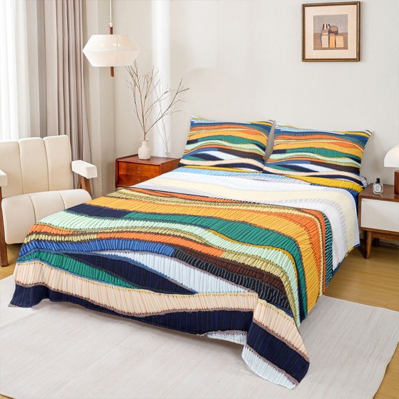 Homewish Geometric Stripes Lines 4 Pieces Queen Sheet Sets for Female Men Teens,Retro Vintage Aesthetic Ultra Soft Flat Sheet,Minimalist Abstract Art Queen Fitted Sheet,Lightweight Room Decor