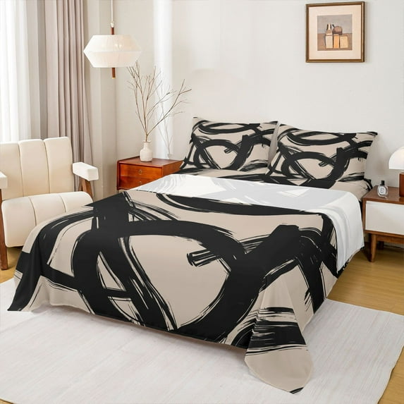 Homewish Geometric Stripes Lines 4 Pieces Queen Sheet Sets for Female Men Teens,Retro Vintage Aesthetic Ultra Soft Flat Sheet,Minimalist Abstract Art Queen Fitted Sheet,Lightweight Room Decor