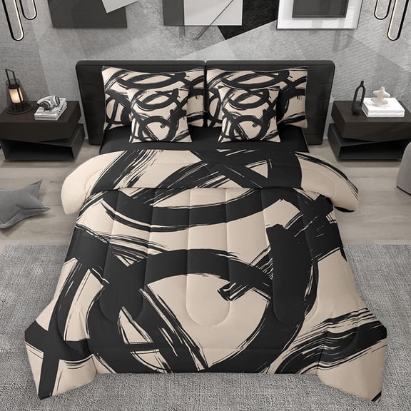 Homewish Geometric Stripes Lines 7-Piece Twin Bedding Sets for Female Men Teens,Retro Vintage Aesthetic Bedding Comforter Set,Minimalist Abstract Art Breathable Sheet Sets,Lightweight Room Decor