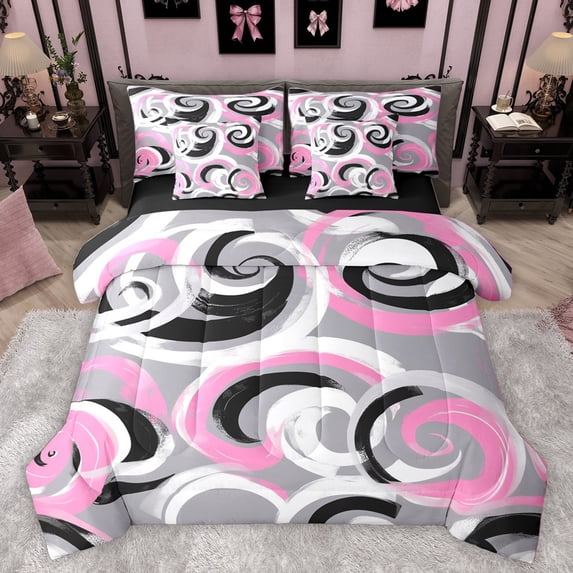 Homewish Geometric Stripes Lines Twin Bedding Sets 7-Piece for Kids Children Teens,Abstract Spiral Bedding Comforter Set Microfiber,Minimalist Mid Century Breathable Sheet Sets,Super Cozy Room Decor