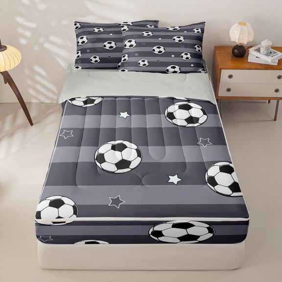 Homewish Geometric Stripes Print Zipper Twin Comforter Sets with Fitted Sheet and 2 Pillowcases,Soccer Pattern Football Sport Kids Zipper Bedding Set,Lightgray Reversible,4 Pieces