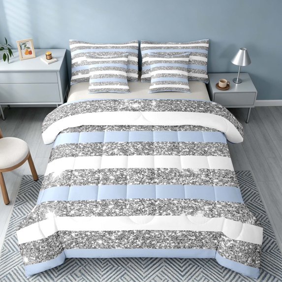 Homewish Geometric Stripes Twin Bedding for Girls, Blue Gray White Bedding Comforter Set, Gray Reversible, 7 Pieces