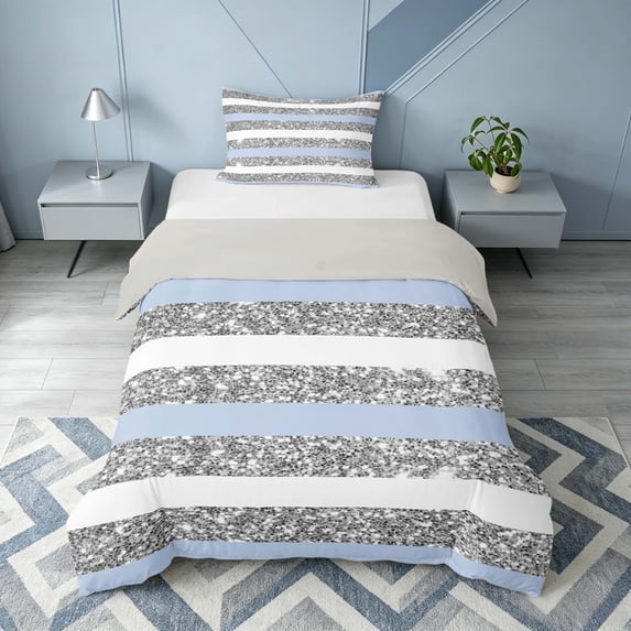 Homewish Geometric Stripes Twin Duvet Cover for Girls, Blue Gray White Twin Bedding, Gray Reversible, 2 Pieces 1 Duvet Cover and 1 Pillowcase