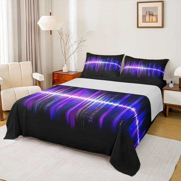 Homewish Geometric Stripes Twin Sheet Sets,Gradient Lines Printed Twin Fitted Sheet,Purple Black 03 For Teens,Ultra Soft Home Decor,3 Pieces