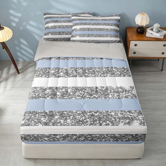 Homewish Geometric Stripes Zipper Twin Comforter Sets with Fitted Sheet and 2 Pillowcases for Girls, Blue Gray White Zipper Bedding Set