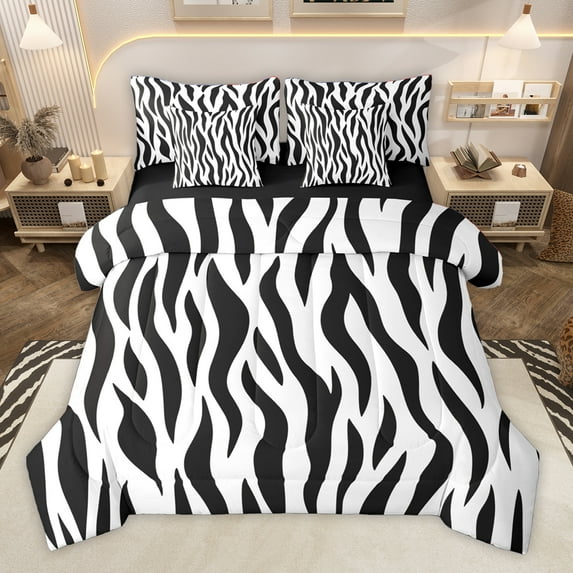 Homewish Geometric Waves Lines 7pcs Bedding Comforter Set,Zebra Pattern Stripes Queen Bedding Sets,White Black Queen Sheet Sets For Boys Kids,Ultra Soft Home Decor Reversible