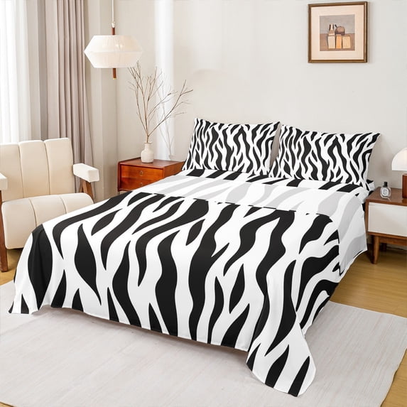 Homewish Geometric Waves Lines Full Size Sheets,Zebra Pattern Stripes Bed Sheets,White Black Sheet Sets For Boys Kids,Ultra Soft Home Decor,4pcs