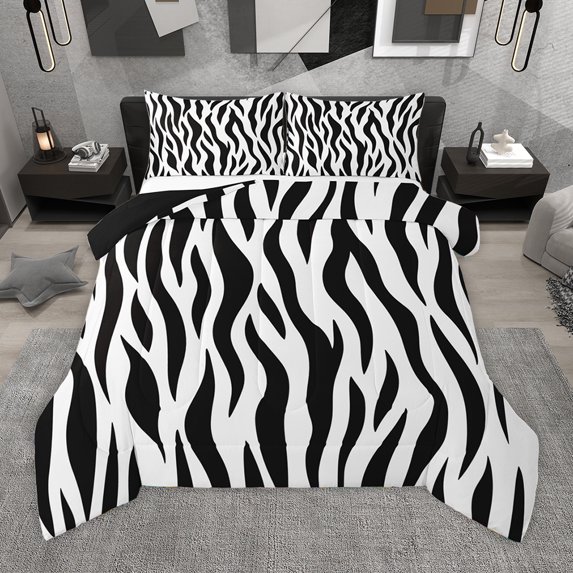 Homewish Geometric Waves Lines Queen Comforter Set,Zebra Pattern Stripes Bedding Sets,White Black Bedding Comforter Set For Boys Kids,Ultra Soft Home Decor Reversible,3-Piece