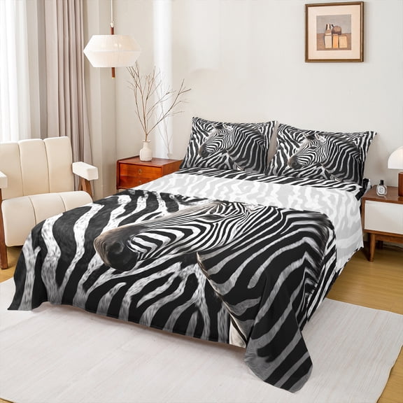 Homewish Geometric Zebra Striped Bed Sheets,Wild Animal Zebra King Sheets,White Black Sheet Set For Boys Teens,Luxury Bedroom Decor,4pcs