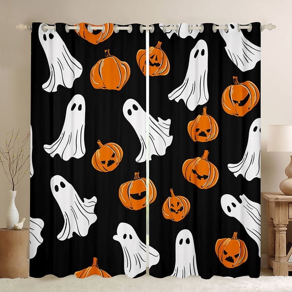 Homewish Ghost Pumpkin Blackout Curtains Set of 2 (52x84 Each), Halloween Curtain, Black Orange