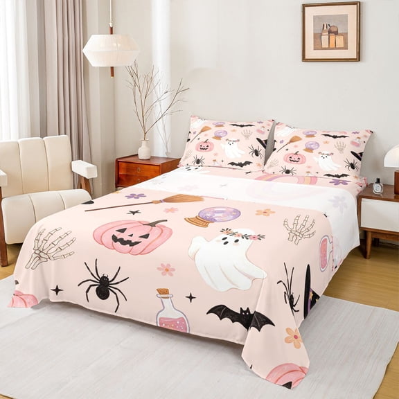 Homewish Ghost Pumpkin Queen Sheets for Girls, Halloween Floral Spider Witch Queen Sheet Sets, 4 Pieces, 1 Flat Sheet, 1 Fitted Sheet and 2 Pillowcases