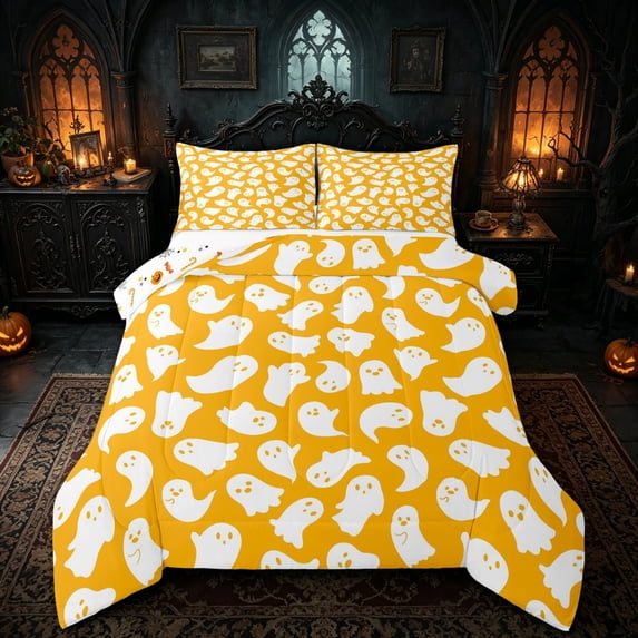 Homewish Ghost Silhouette Full Size Comforter Sets for Gifts, Vibrant Orange Cute Skull Bedding Comforter Set, Halloween Reversible, 3-Piece, 1 Comforter and 2 Pillowcases