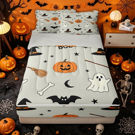 Homewish Ghost Witch Hat Broom Zipper Queen Comforter Set with Fitted Sheet and 2 Pillowcases for Kids, Halloween Fall Pumpkin Zipper Bedding Set, Gray Reversible, 4-Piece