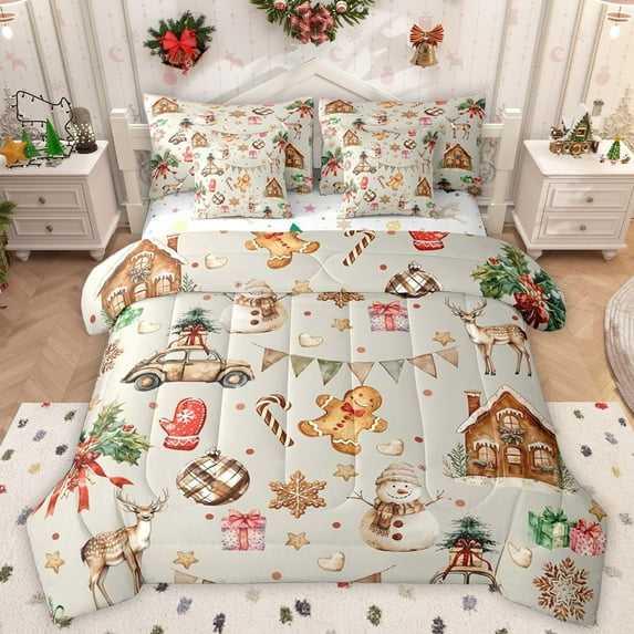Homewish Gingerbread Man Snowman 7-Piece Queen Bedding Set - Xmas Deer Snowflake