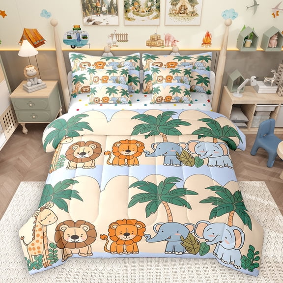 Homewish Giraffe Lions Elephant 7-Piece Bedding Comforter Set,Zoo Animal King Bedding Sets,Beige Blue Bed Sheets For Boys Girls,Luxury Bedroom Decor Reversible