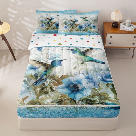 Homewish Girl Cartoon Hummingbird Zipper Full Size Comforter Sets with Fitted Sheet and 2 Pillowcases, Blue Flower Zipper Bedding Set, Polka Dots Reversible, 4-Piece