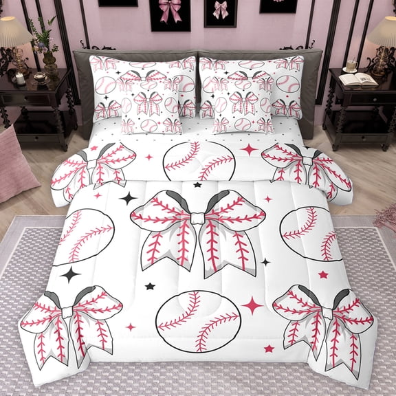 Homewish Girl Lovely Bowknot 7-Piece Twin Bedding Sets,Boys Baseball Game Bedding Comforter Set,Pink White Sheet Sets For Kids,Ultra Soft Home Decor Reversible