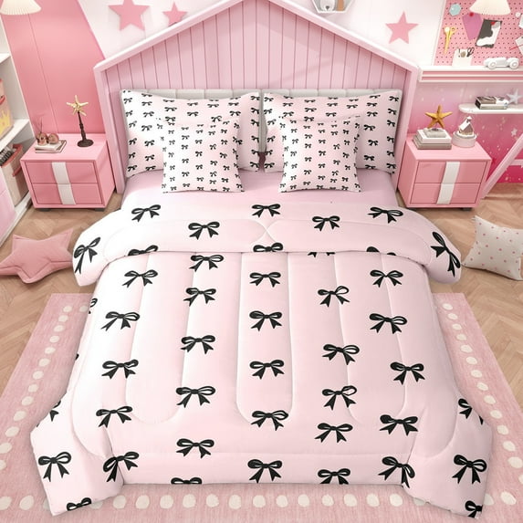 Homewish Girl Lovely Bowknot 7-Piece Twin Bedding Sets,Cute Cartoon Bow Bedding Comforter Set,Kawaii Black Bowtie Sheet Sets For Kids,Ultra Soft Home Decor Reversible